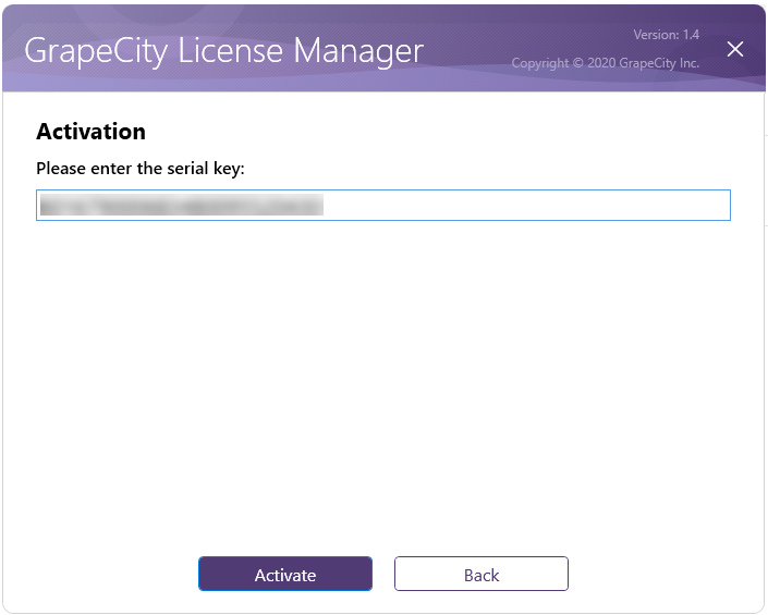 GrapeCity License Manager window