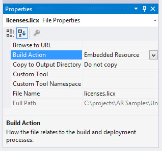 Properties pane for licenses.licx file
