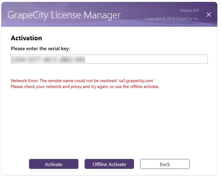 GrapeCity License Manager window
