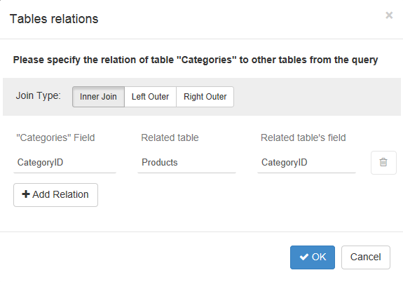 Tables relations dialog