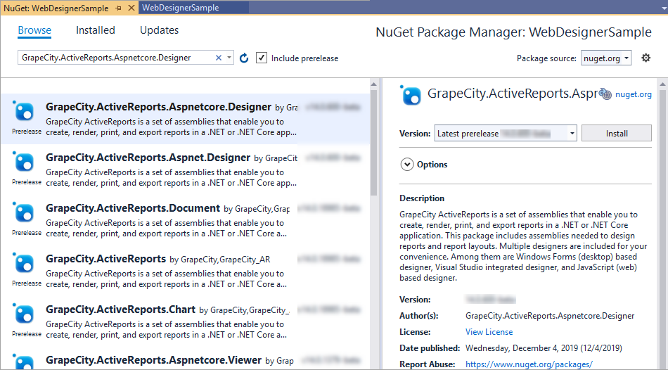 Nuget Package Manager dialog