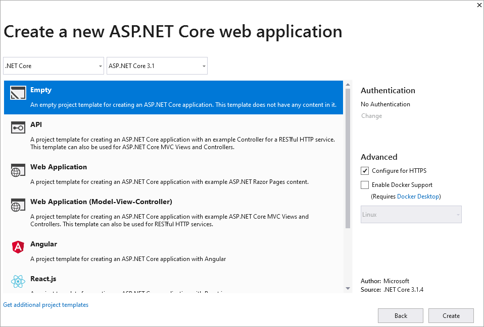 Create a new ASP.NET core web application dialog