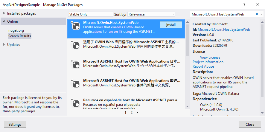 Manage NuGet Packages dialog