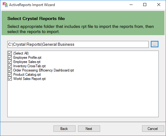 Select the reports to import