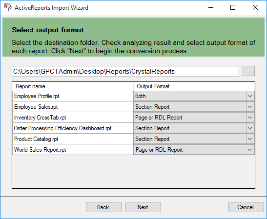 Select the Output Format for each report
