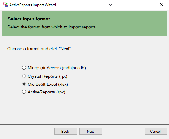 Select Microsoft Excel (xlsx) as the input format