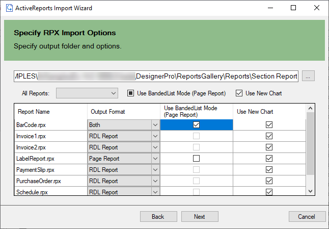 Specify the import options