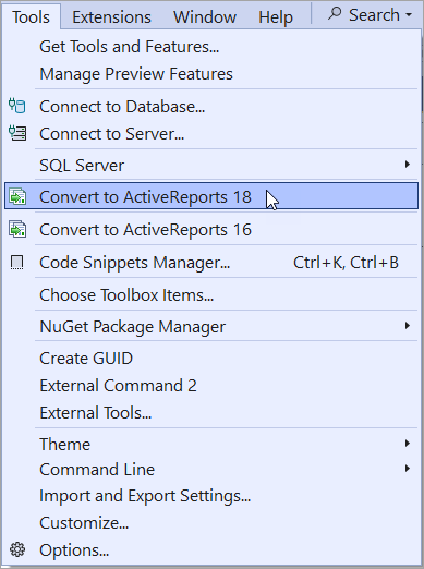 Select Convert to ActiveReports 15 option from the Tools menu