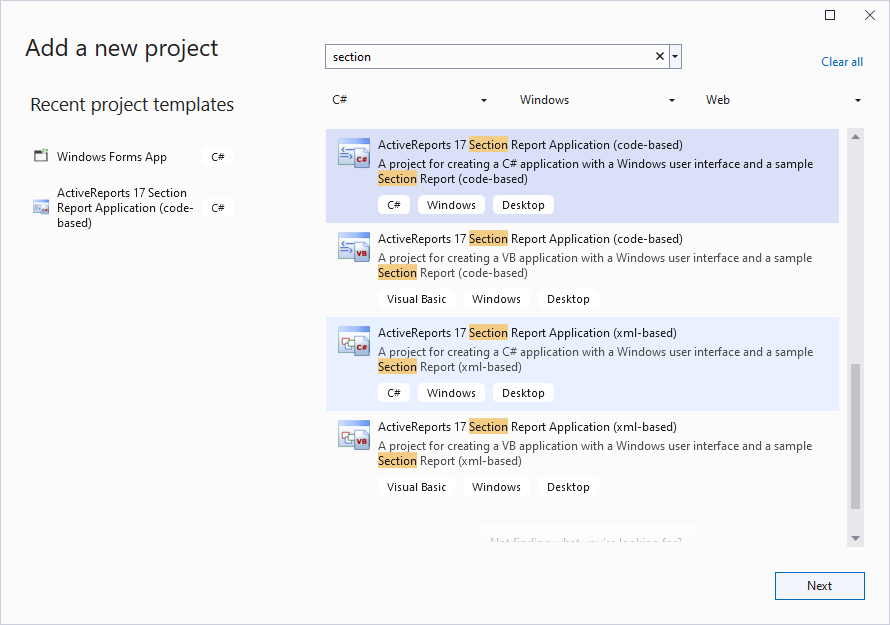 Add a new project dialog