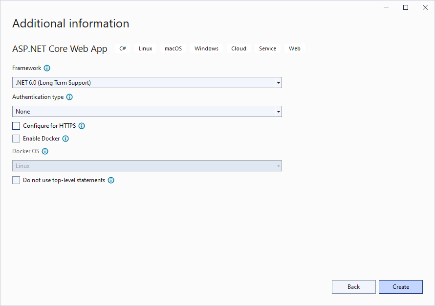 Create a new ASP.Net Core Web Application dialog