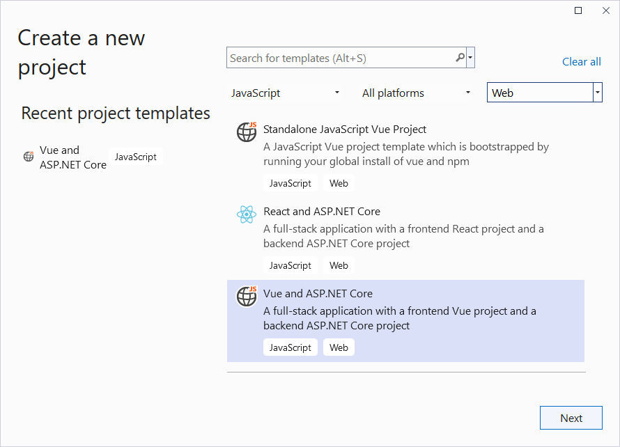 Create a New Project Dialog