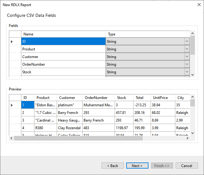 Check the data feilds and their corresponding data types present in the CSV file