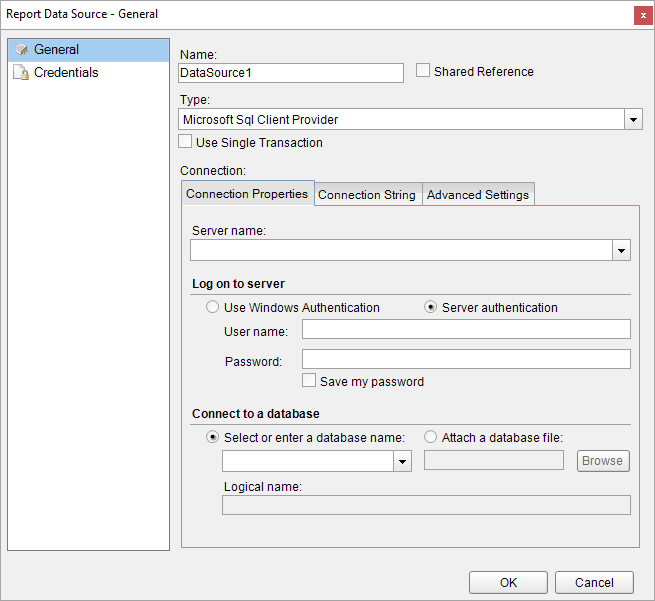 Report Data Source Dialog Box for Microsoft SQL Client Data Provider