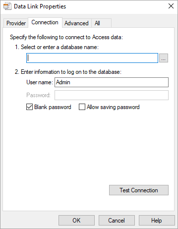 Connection Tab in Data Link Properties dialog box