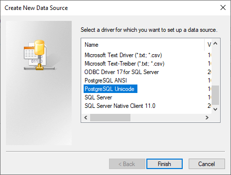 Select the PostgreSQL Unicode driver from the Create New Data Source dialog box