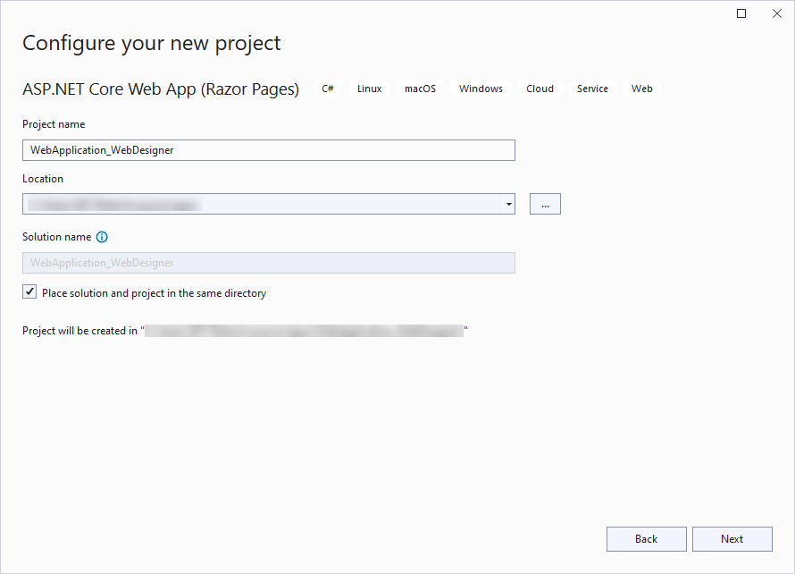 Create a new ASP.NET core web application dialog