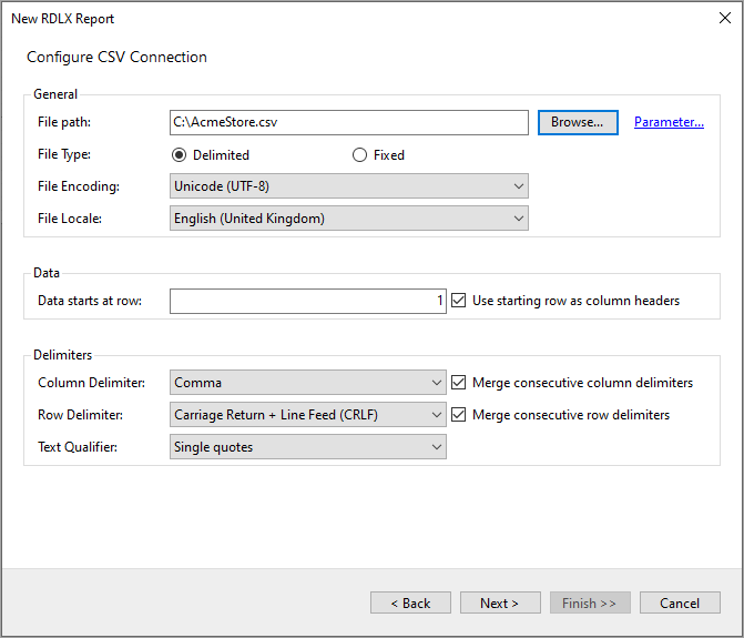 Configure CSV data source for a new RDLX report