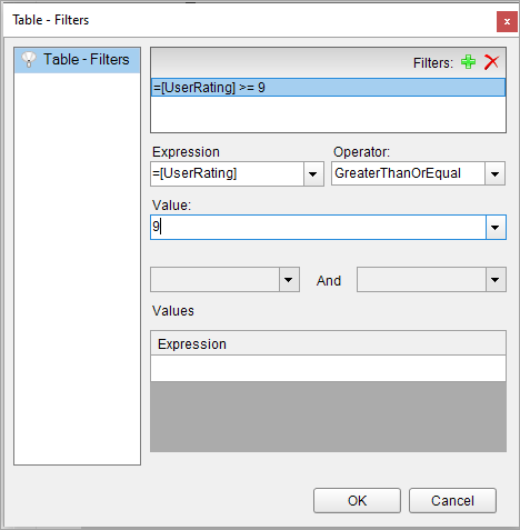 Table Filters Dialog
