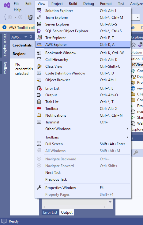 Visual Studio View AWS Explorer option