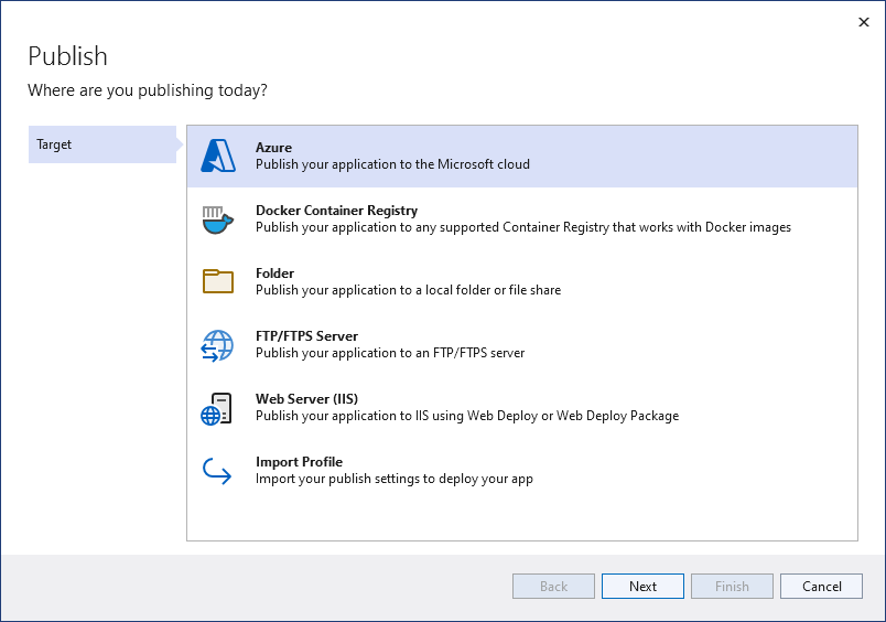 Azure in the Publish window