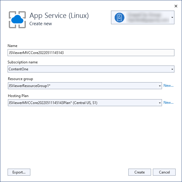 Create new Azure App Service dialog