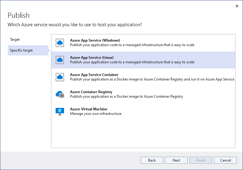 Select Azure App Service as Specific target