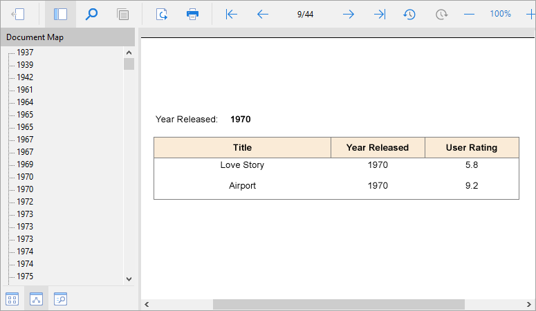 Report sample with Document Map at preview