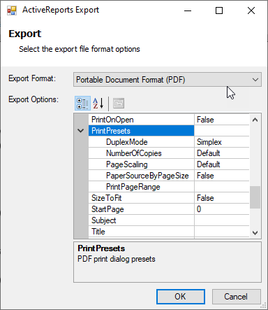 PDF Export Print Presets Options