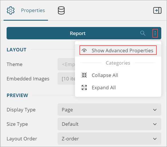 Properties tab - Page/RDL Reports