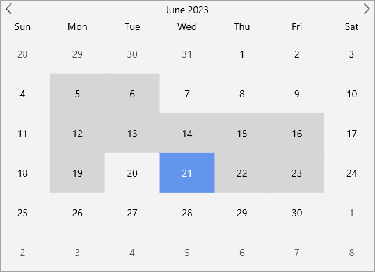 MAUI calendar showing date range selection