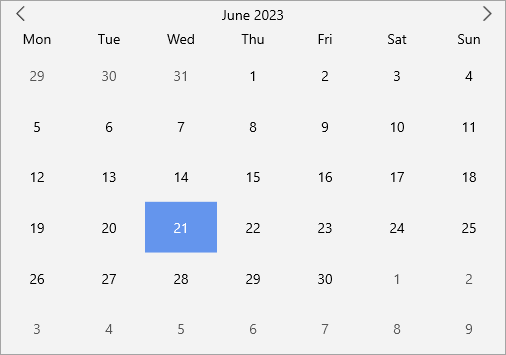 Calendar showing Monday set as the first day of a week