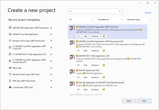 Visual Studio Create New Project Window