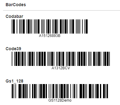 MVC Barcode displaying Codabar, Code39, and Gs1_128 barcodes