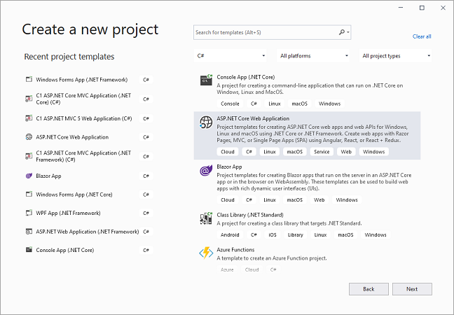 Visual Studio Create New Project Window
