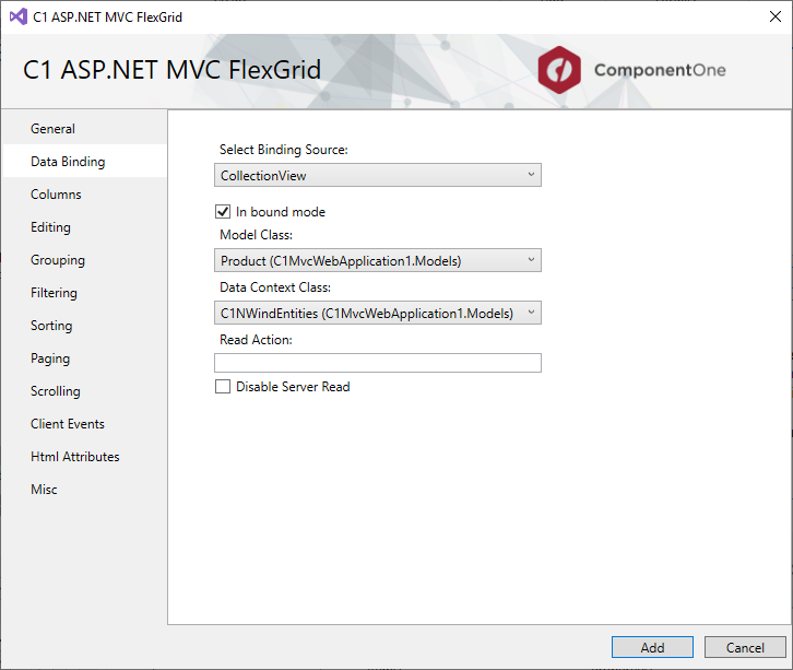 C1 ASP.NET MVC FlexGrid Scaffolder wizard displaying Data Binding tab