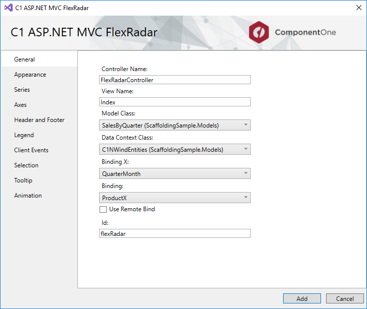 Disaplying General tab in C1 ASP.NET MVC FlexRadar window of the Add Scaffolder Wizard