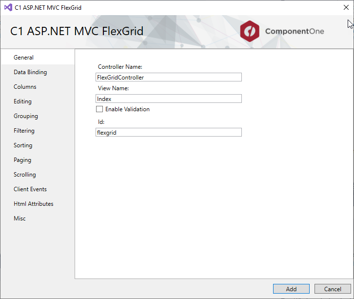 C1 ASP.NET MVC FlexGrid Scaffolder wizard displaying pre-filled fields in General tab