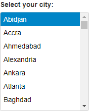 ListBox showing a list of various cities