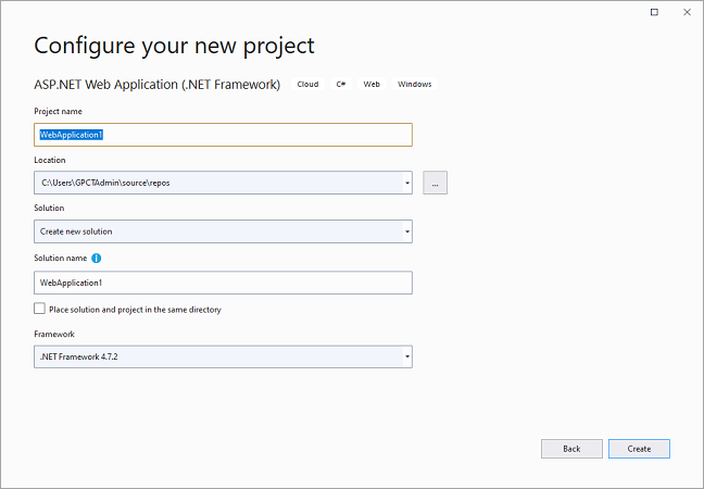 VS Configure your new project window