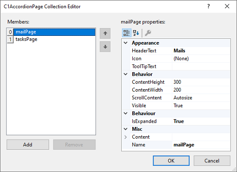 WinForms Accordion Page collection editor