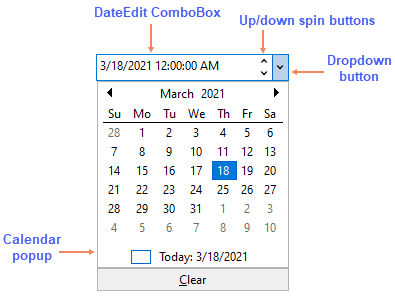 A labelled image of DateEdit with calendar ui