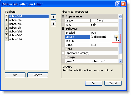 Ribbon tab collection editor