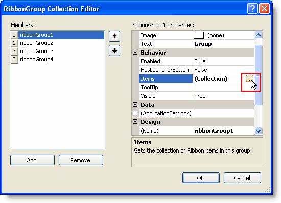 Collection Editor of Ribbon Group Items