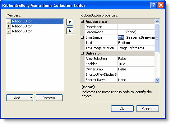 Adding items using RibbonGallery Menu Items Collection Editor