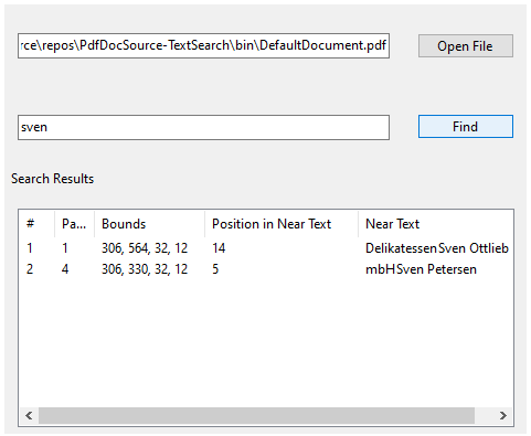 Snapshot of PdfDocSource Winforms app showing text search feature