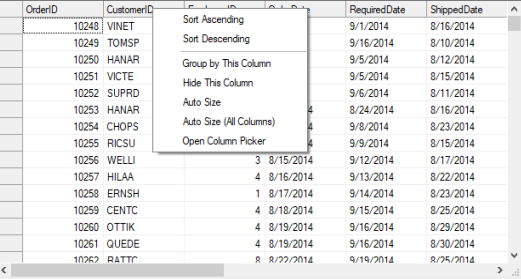 Column context menu