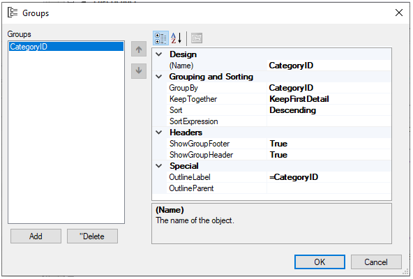 The image displays the Group dialog box which lets you add and delete grouping and sorting criteria.