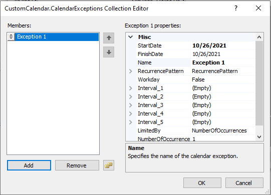 Displays the CustomCalendar CalendarException Editor in GanttView control.