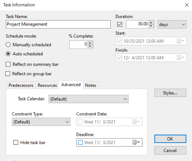 Displays the task constraints tab in the Task Information dialog box.