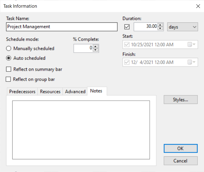 Displays the Notes tab in the Task Information dialog box.